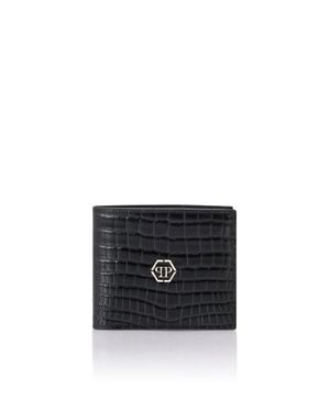 Philipp Plein Leather French Wallet Cocco - Black