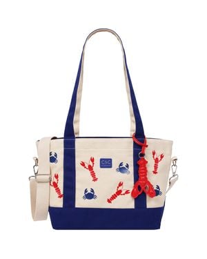 C&C California Lobster & Crab Print Cotton Canvas Tote With Contrast Trim & Pu Charm - Blue