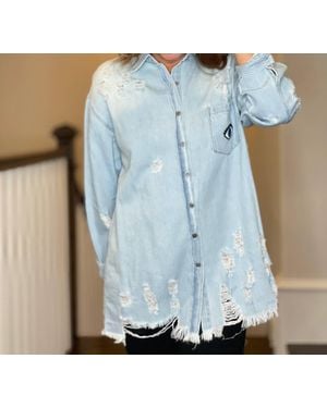 Moving Forward Distressed Denim Shacket - Blue