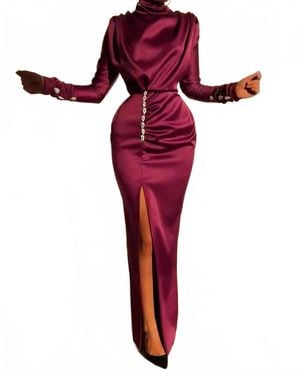 Flarix Corp High Neck Ruched Thigh Slit Evening Dress - Red