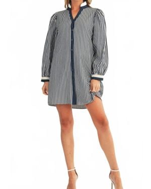 Jodifil Long Puff Sleeves Button Down Stripe Shift Dress - Gray