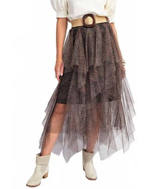Easel Print Power Mesh Ballerina Tiered Maxi Skirt - Brown