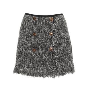 Elisabetta Franchi Fringed Hem Cotton Mini Skirt With Logoed Button Fastening - Gray