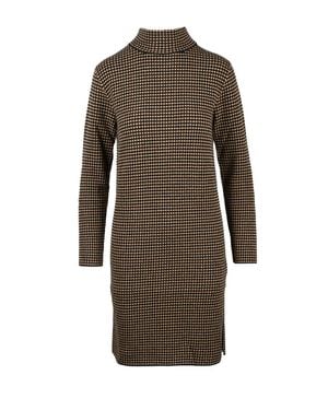 Kangra High Neck Knit Dress With Checkered Pattern And Side Slits - Brown
