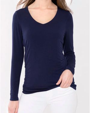 Kinross Cashmere Bamboo Ruched Long Sleeve Vee Top - Blue