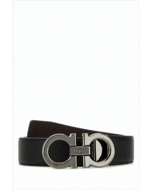 Ferragamo Textured Calf Leather Belt With Interlocking Metallic Buckle - Black