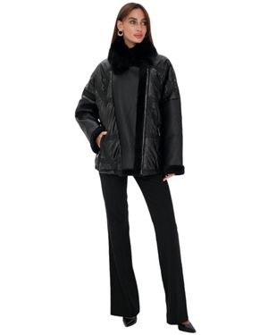 Alaska® Outerwear Sienna Genuine Lamb Leather Polar Fox Fur Trim Jacket - Black