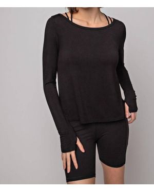 Rae Mode Long Sleeve Boat Neckline Yoga Top - Black