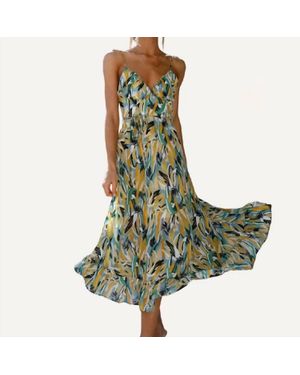 The Moment Collection Pattern V Neck Spaghetti Straps Midi Dress - Green