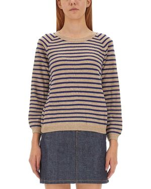 A.P.C. Regular Fit Striped Round Neckline Sweater - Red