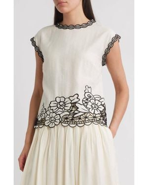 Tahari Poppy Embroidered Top - White