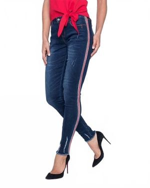 FRANK LYMAN Distressed Denim Jeans With Side Stripe - Blue