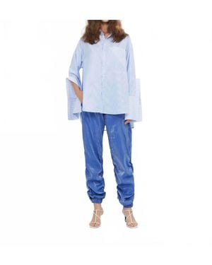 Theo the Label Echo Side Button Boyfriend Stripe Shirt - Blue