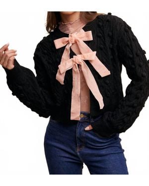 Listicle Pom Cable Knit Tie Cardigan - Blue