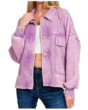 Zenana Acid Wash Fleece Cropped Shacket With Front Pockets - Purple