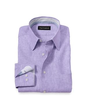 Paul Fredrick Slim Fit Non-Iron Linen Solid Dress Shirt With Contrast Trim - Purple