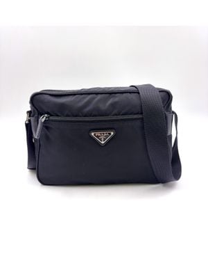 Prada Nylon Leather Triangle Logo Shoulder Bag - Blue