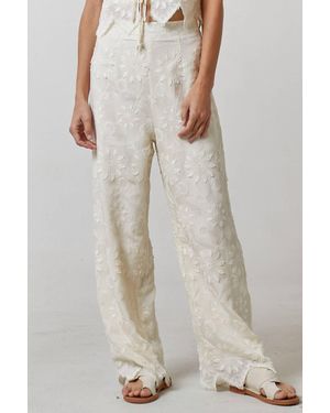 Lalavon Floral Embroidery Wide Leg Trouser - Natural