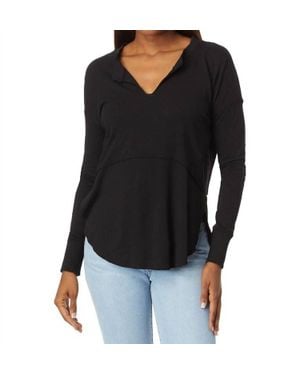 Bobi Shirred Sleeve Split Neck Tee - Black