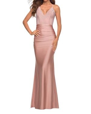 La Femme V-Neck Rhinestone Beaded Top Prom Dress - Multicolor