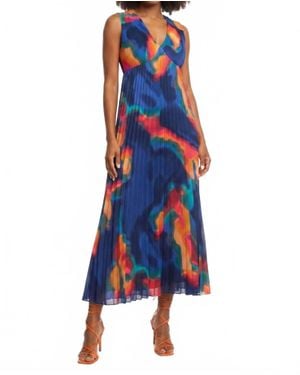 Nicole Miller Pleated Abstract Sleeveless Dress - Blue
