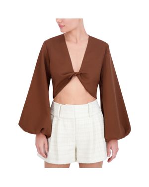 BCBGMAXAZRIA V Neck Long Puff Sleeve Twist Front Top - Brown
