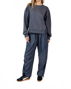 Sadie & Sage Vita Nylon Panels Crewneck Long Sleeve Top - Blue