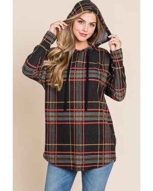 TRUEDAMES Drawstring Plaid Long Sleeve Hoodie - Black