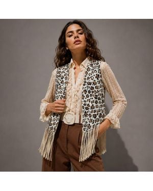 TRUEDAMES Animal Print Fringe Tassel Long Vest - Brown