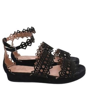 Alaïa Laser Cut Open Toe Flat Sandals - Black