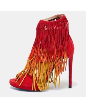 Loriblu Tri Color Suede Fringe Detailed Ankle Strap Sandals - Red