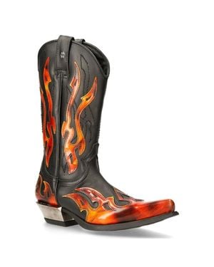 New Rock Flame Accented/ Mid-Calf Cowboy Boots-7921-S2 - Brown