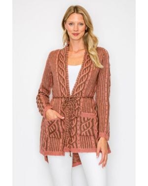 TRUEDAMES Open Wool Cardigan With Belt String & Front Pocket - Orange