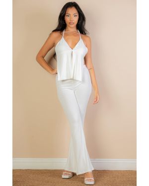 TRUEDAMES Split Front Backless Halter Top & Flare Pants Set - Natural