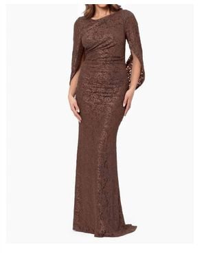 Betsy & Adam The Gina Glitter Lace Drape Back Gown - Brown