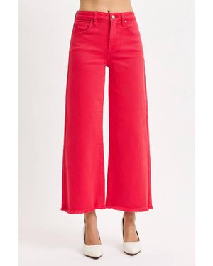 Risen Tummy Control Raw Hem High Waisted Denim - Red