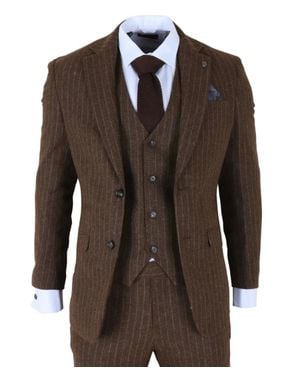 Robert Simon 3 Piece Suit Pinstripe Slim Fit Formal Dress - Brown