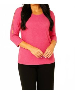 French Kyss Soft Stretch Sleeve Lattice Crew Neck Top - Pink