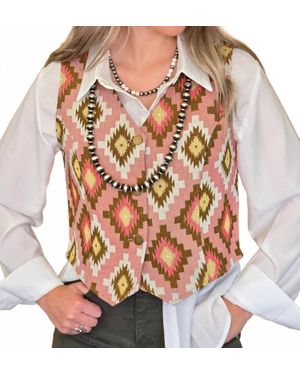 Turquoise Haven Southwest Tapestry Snap Western Vest - Brown