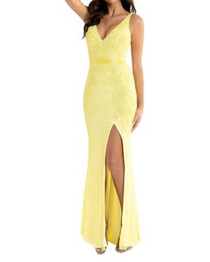 Primavera Beaded Sleeveless V-Neck Long Gown - Yellow