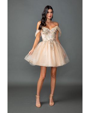 DQ Off-The-Shoulder Tulle Homecoming Dress With Embroidered Corset Bodice And A-Line Skirt - Gray