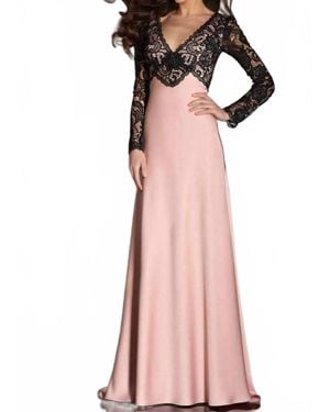 Clarisse Lace V-Neck Evening Gown With Sleeves - Pink
