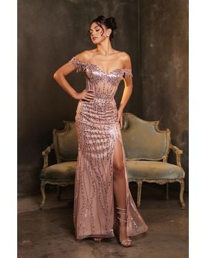 TRUEDAMES Gala Dress Prom Off-Shoulder Sequin Sheath Gown - Brown