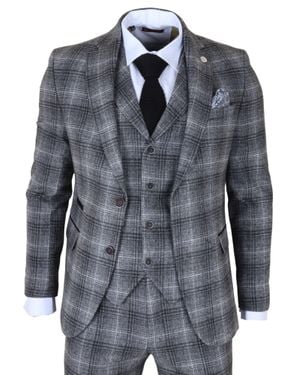 Infinity Leather Formal Tweed 3 Piece Check Vintage Gatsby Style Suit - Blue