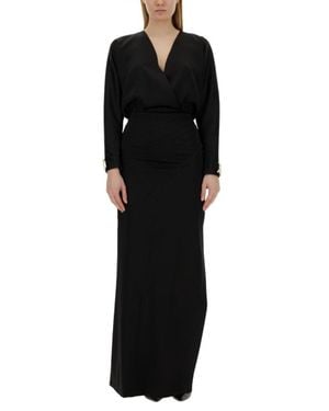 Genny Long Dress With Deep V-Neckline And High Slit - Black