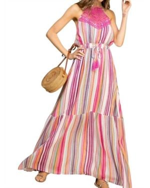 Main Strip Halter Neck Lace Front Maxi Dress - Pink