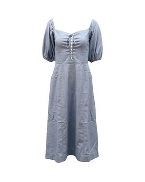 Sea Puffed Sleeve Cotton Midi Dress - Blue