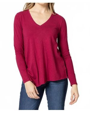 Lilla P Long Sleeve Asymmetrical Hem V-Neck Top - Red