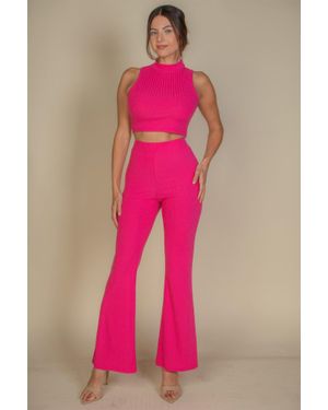 TRUEDAMES Ribbed Mock Neck Crop Tank Top & Bootcut Pants Set - Pink
