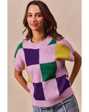TRUEDAMES Mardi Gras Check Plaid Casual Sweater Top - Purple